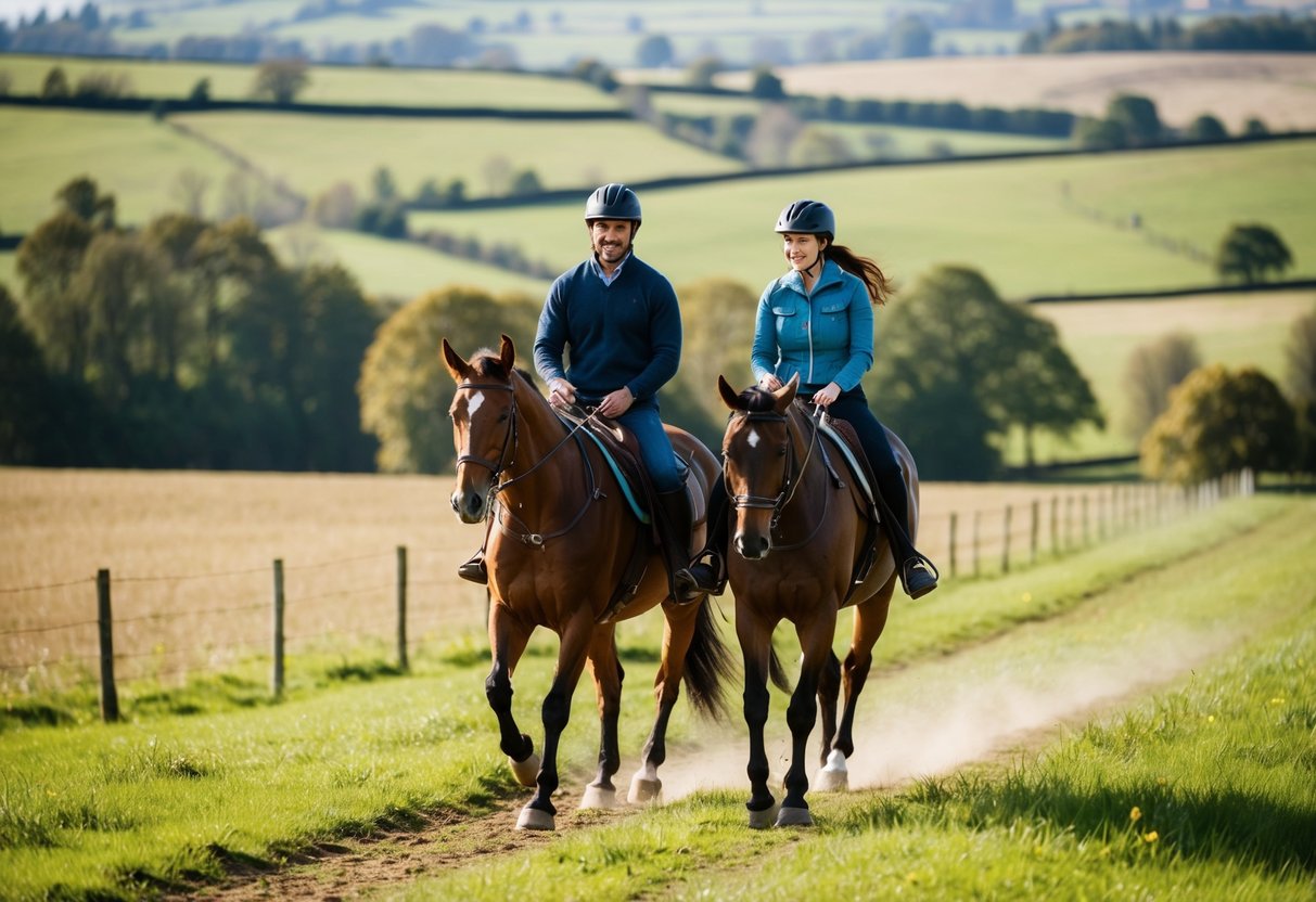 A couple horseback riding through the scenic countryside at Shardeloes Farm