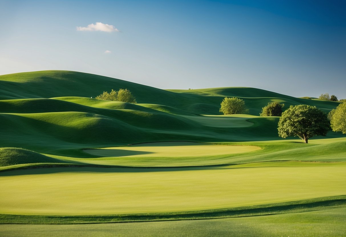 A sunny golf course with rolling green hills, a clear blue sky, and a few scattered trees