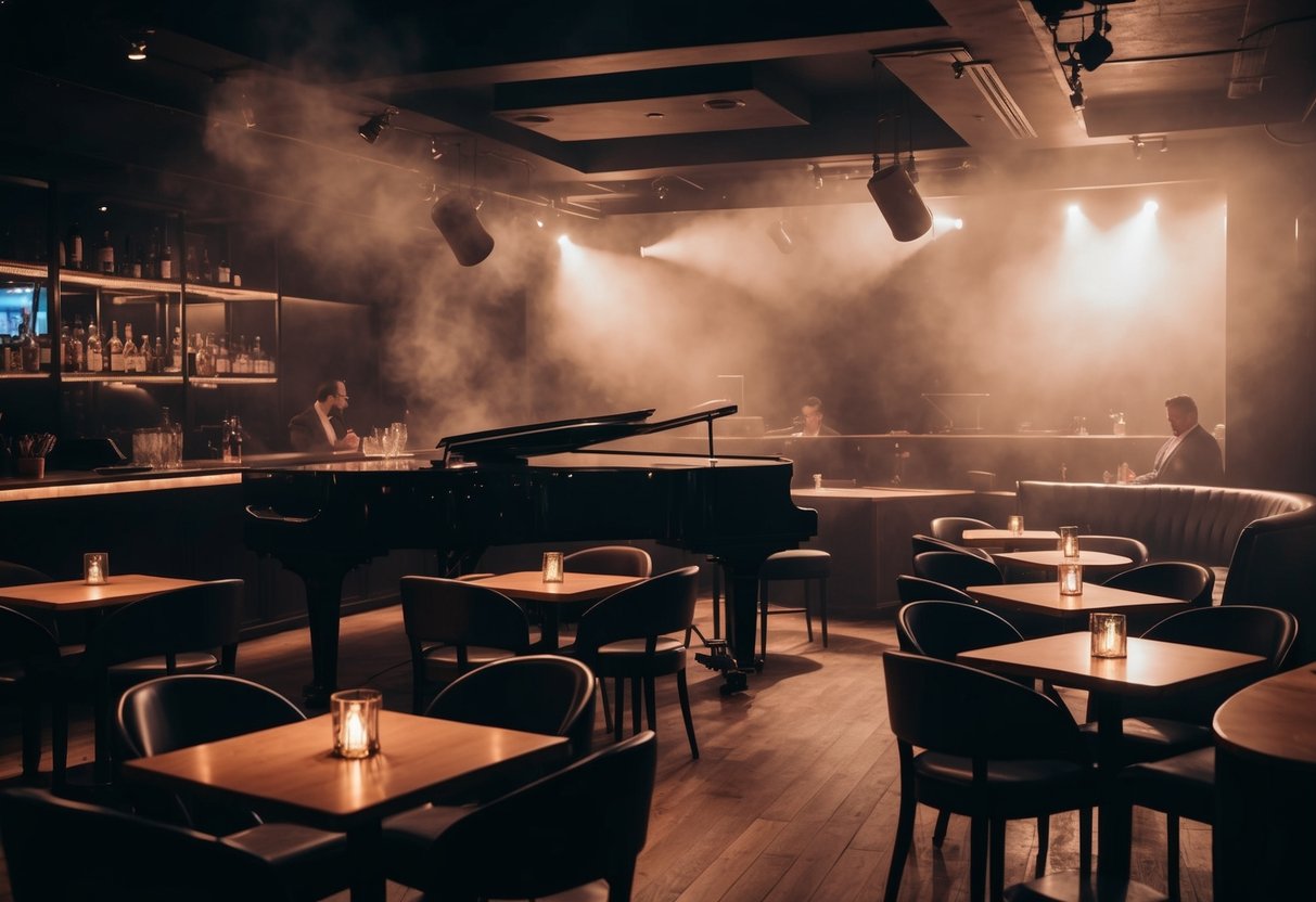 A dimly lit jazz club with a stage, tables, and a bar. Smoky atmosphere and soft lighting create a cozy, intimate ambiance for date night events