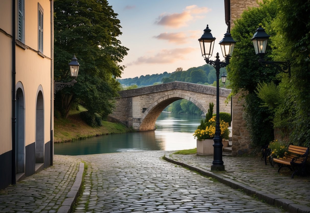 A cozy cobblestone street with old-fashioned street lamps, leading towards a historic stone bridge over a tranquil river