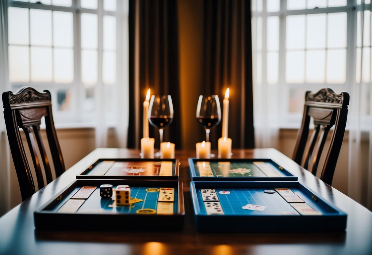 A table with two board games, dice, and playing cards. Two chairs facing each other. A romantic setting with candles and wine