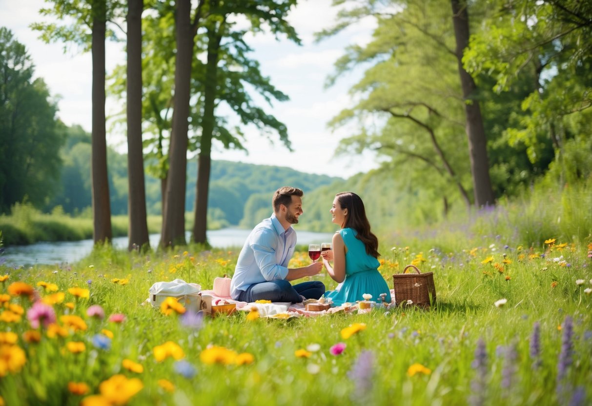 A couple picnicking in a lush meadow, surrounded by colorful wildflowers and tall trees, with a serene river flowing in the background