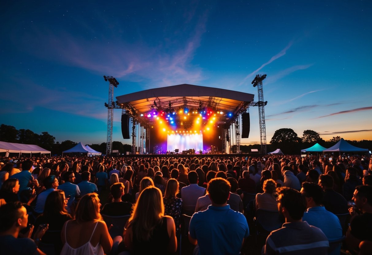 A lively outdoor concert with colorful stage lights and a crowd of people enjoying music under the night sky