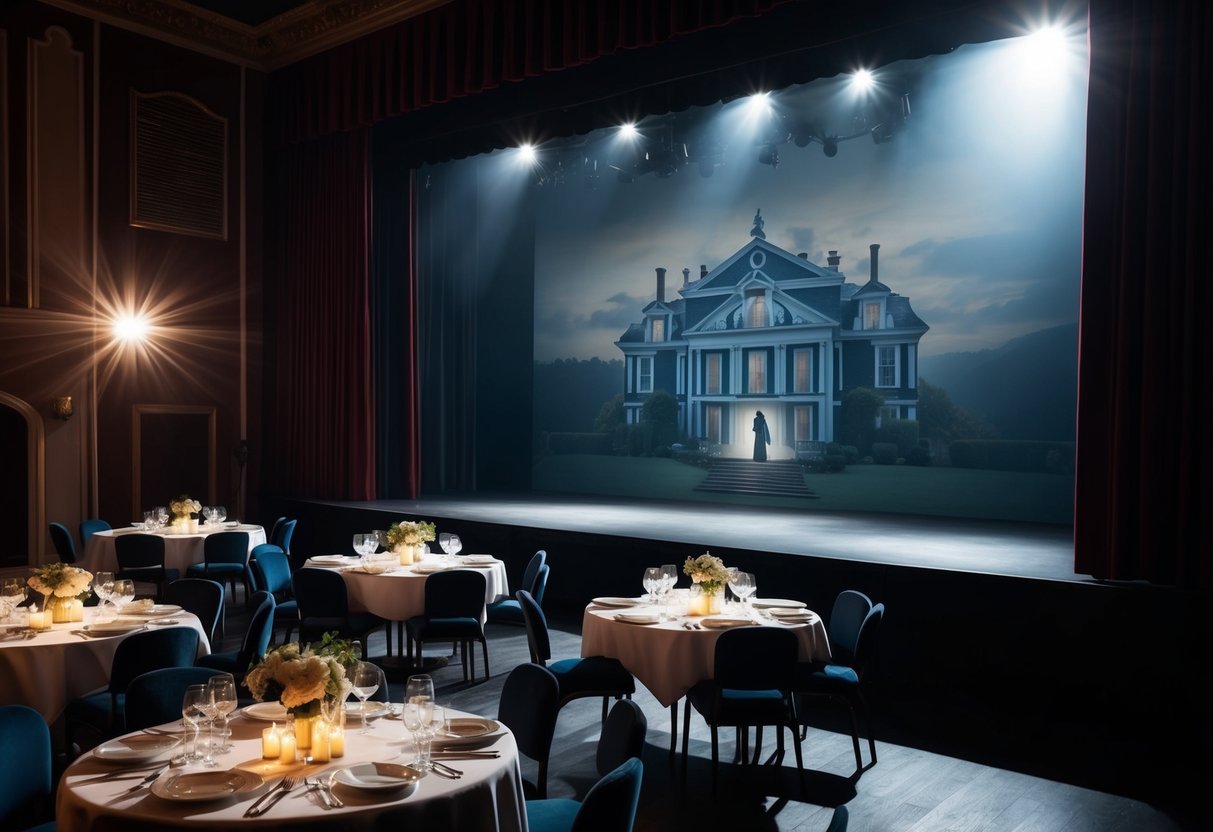 A dimly lit theater with tables set for dinner, a stage with a backdrop of a mansion, and a spotlight shining on a mysterious figure