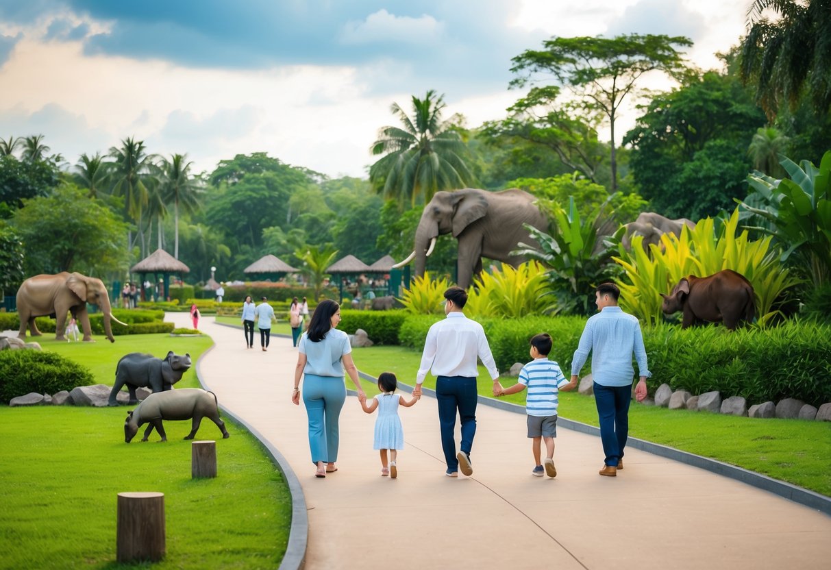 Families and couples stroll through Ragunan Zoo, surrounded by lush greenery and exotic animals