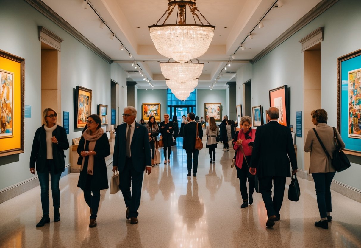 A bustling museum lobby with colorful artwork and visitors exploring