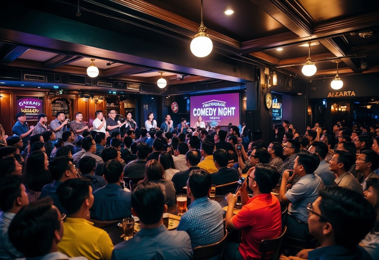A crowded pub with stage, microphone, and audience enjoying a comedy night in Jakarta