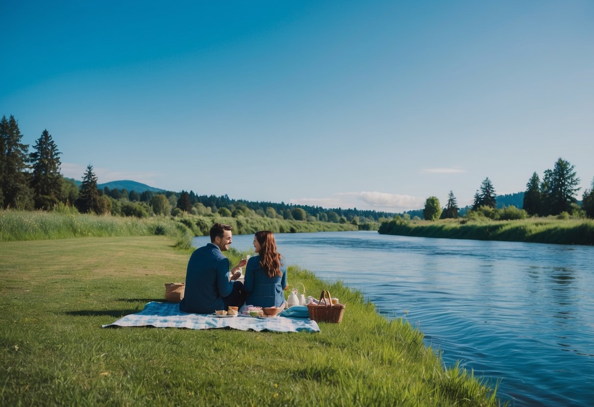 A couple picnicking by a serene river in Eugene, Oregon, surrounded by lush greenery and a clear blue sky