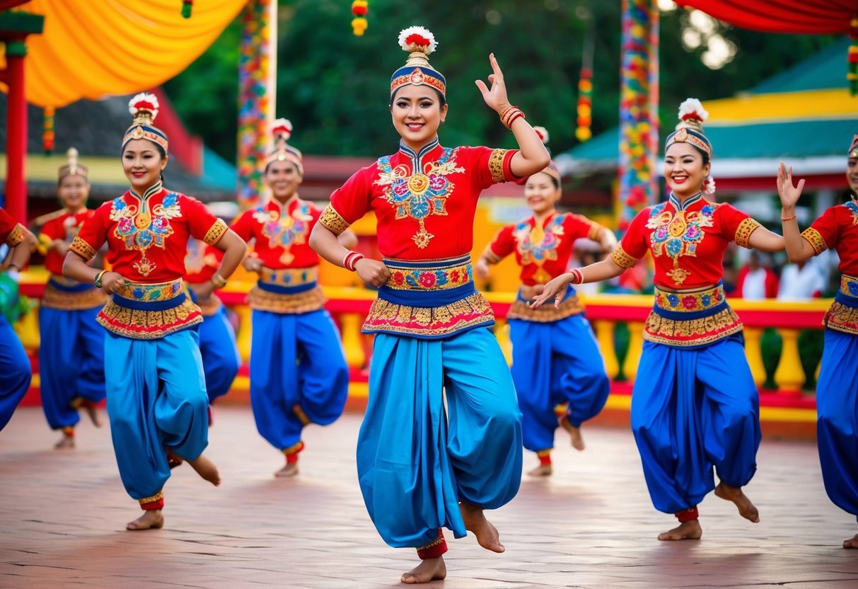 A group of dancers in traditional attire perform at Taman Ismail Marzuki, surrounded by vibrant colors and lively music
