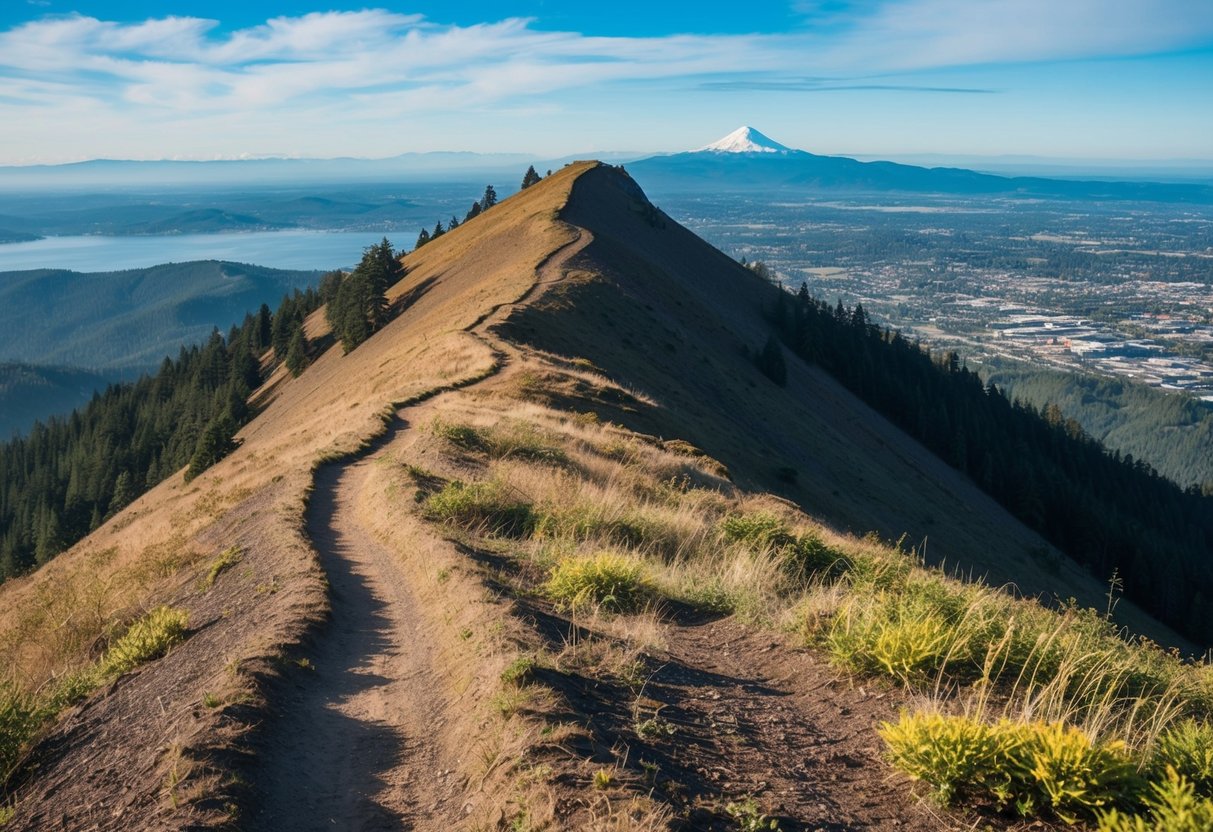 A winding trail leads up the steep, forested slopes of Spencer Butte. At the summit, panoramic views of Eugene, Oregon and the surrounding mountains unfold