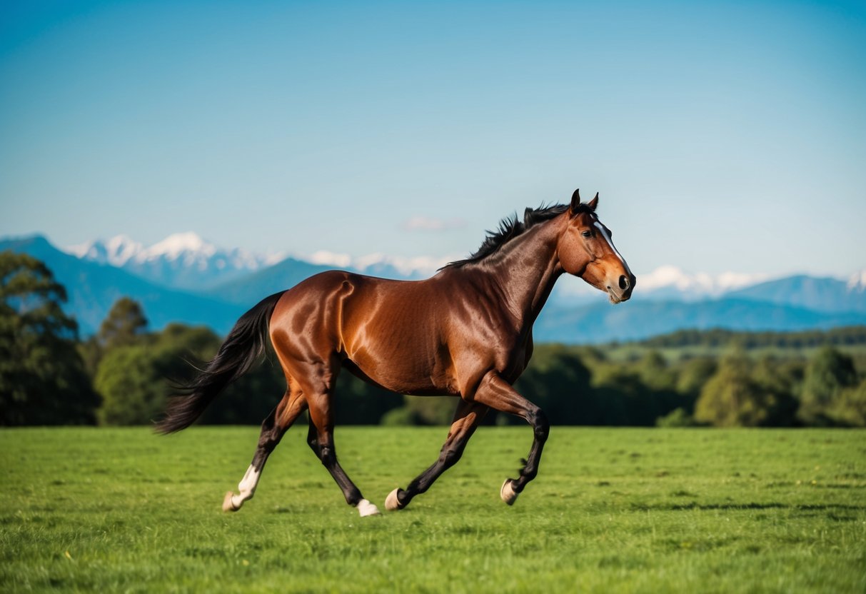 A horse galloping through a lush green landscape with a clear blue sky and mountains in the background