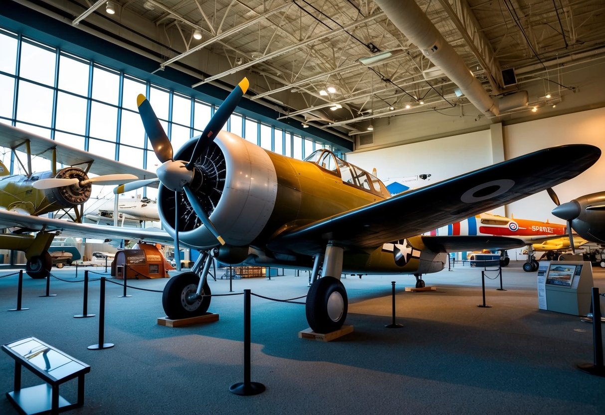 A vintage aircraft surrounded by interactive exhibits and historic artifacts at the Oregon Air and Space Museum
