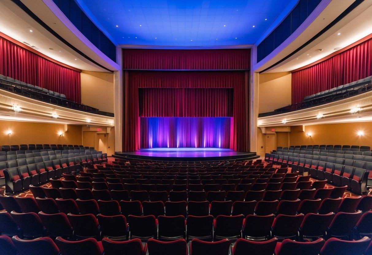 A grand theater with a stage, red velvet curtains, and rows of empty seats, illuminated by soft stage lights at the Hult Center for the Performing Arts