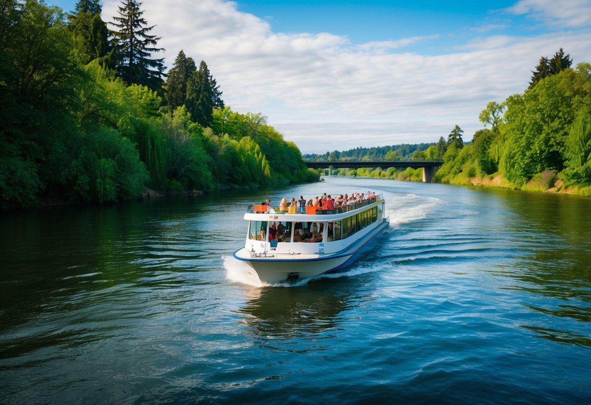A serene boat tour down the Willamette River in Eugene, Oregon, with lush greenery and gentle ripples in the water