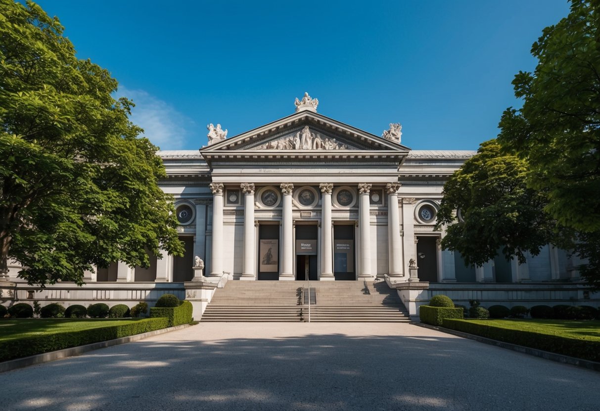 The museum's entrance features a grand facade with intricate architectural details, surrounded by lush greenery and a clear blue sky
