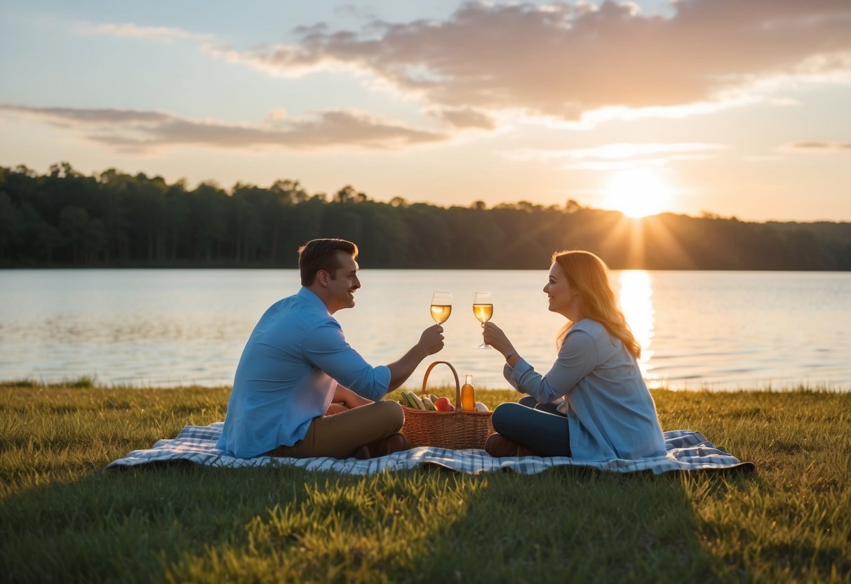 A couple picnicking by the lake at sunset in Jackson, MS