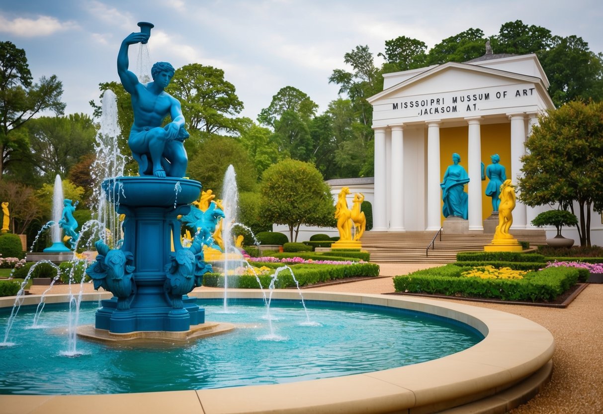 A colorful garden with sculptures and fountains outside the Mississippi Museum of Art in Jackson, MS