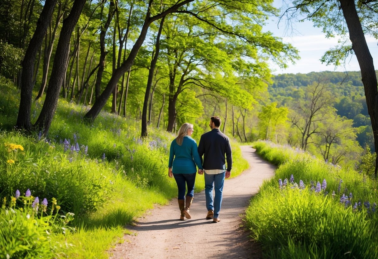 A couple walks along a winding trail, passing through lush greenery and blooming wildflowers at LeFleur's Bluff State Park. The sun shines through the trees, casting dappled shadows on the path