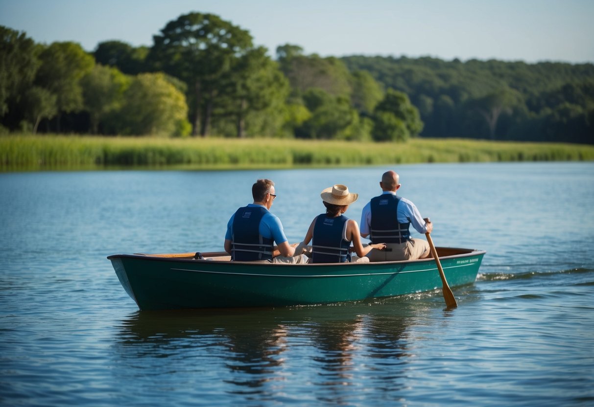 A couple rows a boat on the calm waters of Ross Barnett Reservoir, surrounded by lush greenery and a clear blue sky