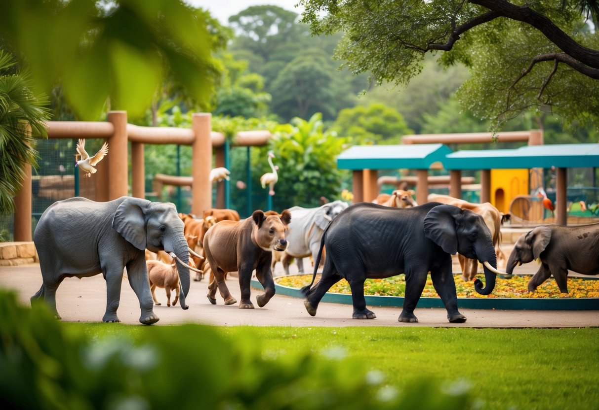 A colorful array of animals roam within the Jackson Zoo, surrounded by lush greenery and playful habitats