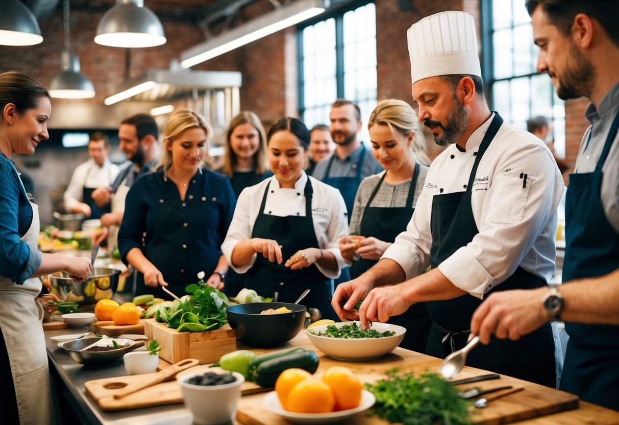 A cozy cooking class at Provisions Market Hall: a chef demonstrates techniques to a small group, surrounded by fresh produce and cooking utensils