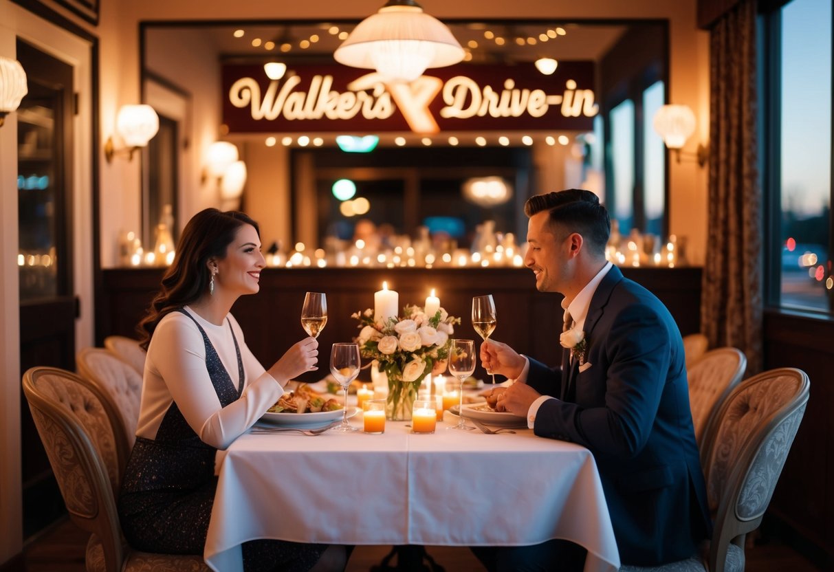 A couple sits at a candlelit table, surrounded by elegant decor and soft lighting, enjoying a romantic dinner at Walker's Drive-In