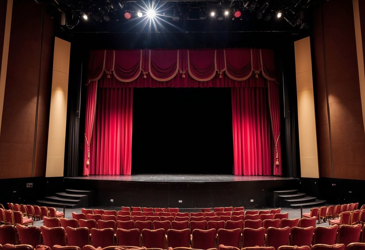 The stage is set with a grand red curtain and ornate seating. The spotlight shines on the empty stage, waiting for the performance to begin