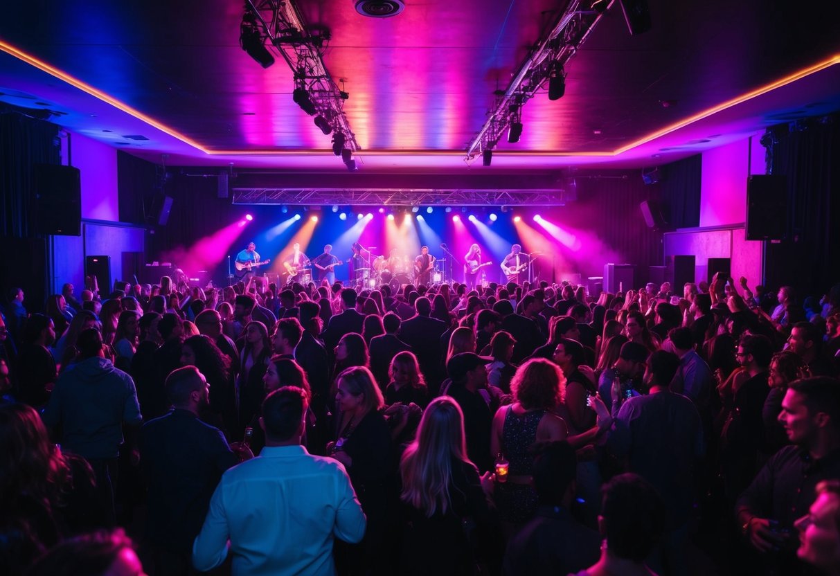 Crowd gathers in dimly lit venue, colorful stage lights illuminate band performing on stage, people dance and mingle, vibrant energy fills the air