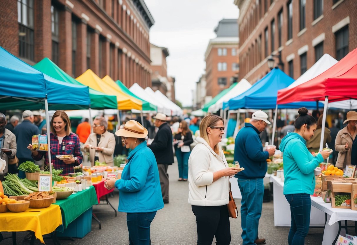 A bustling farmers market with colorful tents, live music, and people sampling local food and crafts
