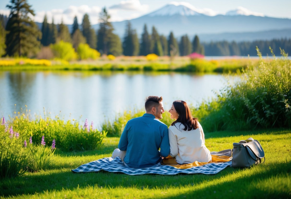 A couple picnicking by a serene lake, surrounded by lush greenery and blooming wildflowers, with a view of the distant mountains in Eugene, Oregon