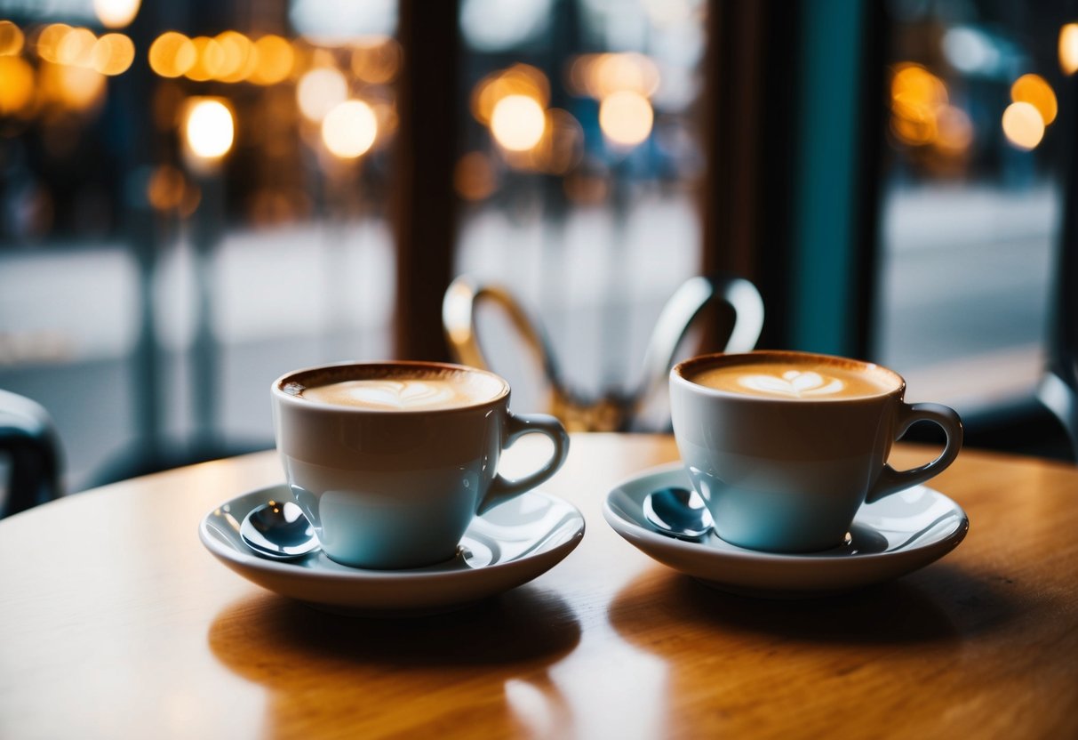 Two coffee cups on a table at Cups Espresso Cafe, with a cozy atmosphere and a window view