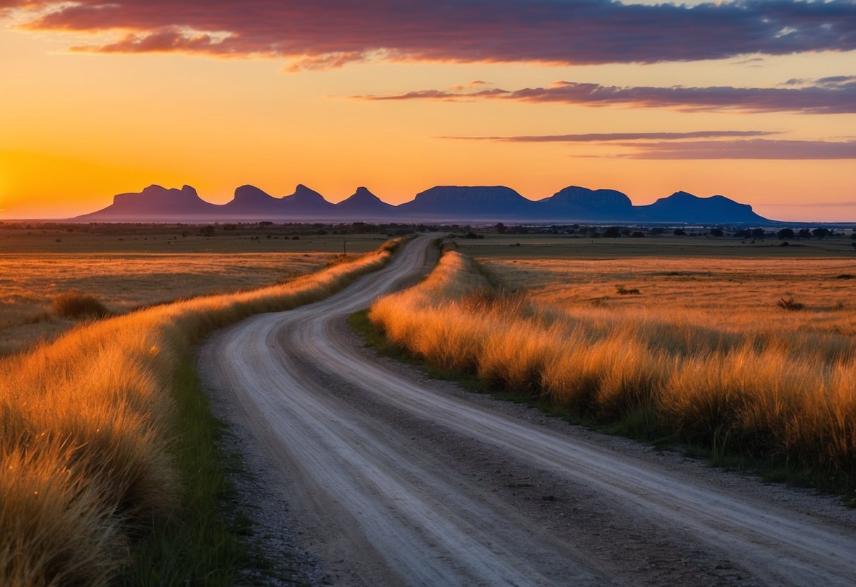 A winding dirt road through golden grass, leading up to the silhouette of Melville Koppies against a vibrant sunset sky