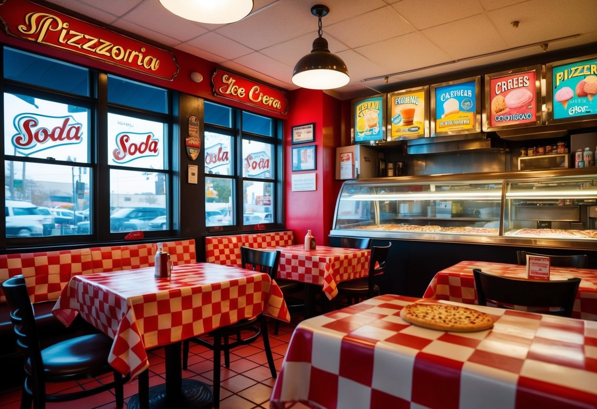 A cozy pizzeria with red checkered tablecloths, vintage soda signs, and a glass display of colorful ice cream flavors
