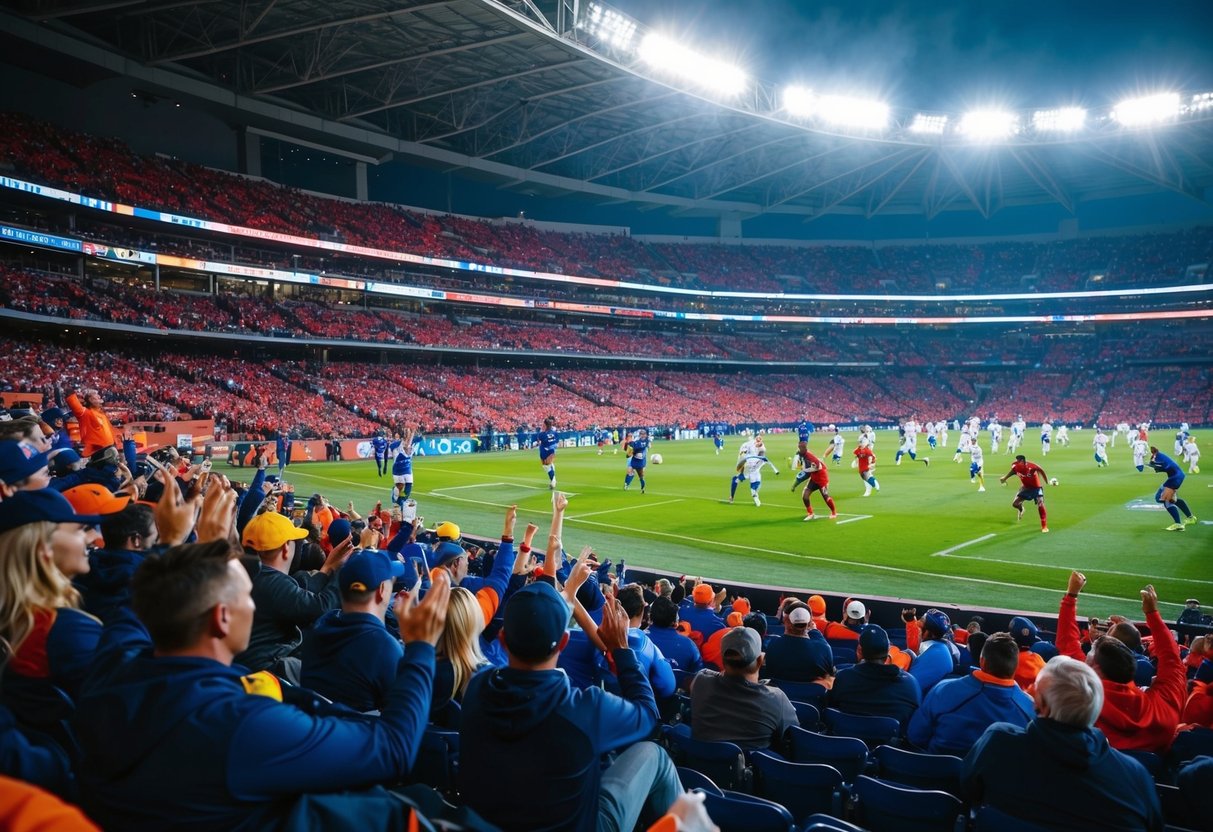 Fans fill the stadium seats, cheering as players compete on the field under the bright stadium lights