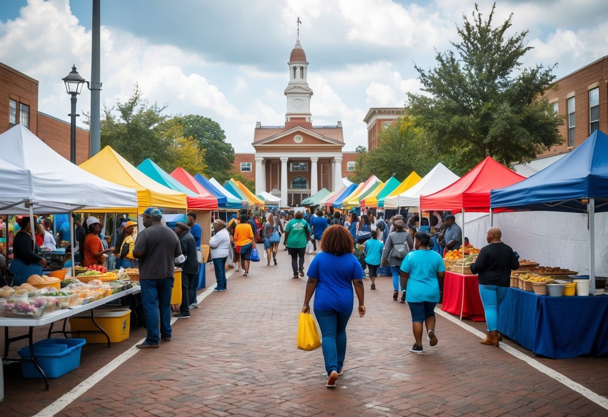 A bustling street market with colorful tents and a variety of food, art, and music representing diverse cultural experiences in Jackson, MS