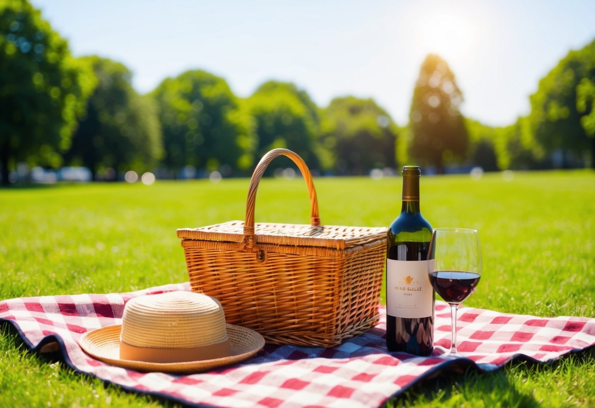 A picnic in a sunny park with a checkered blanket, a wicker basket, and a bottle of wine