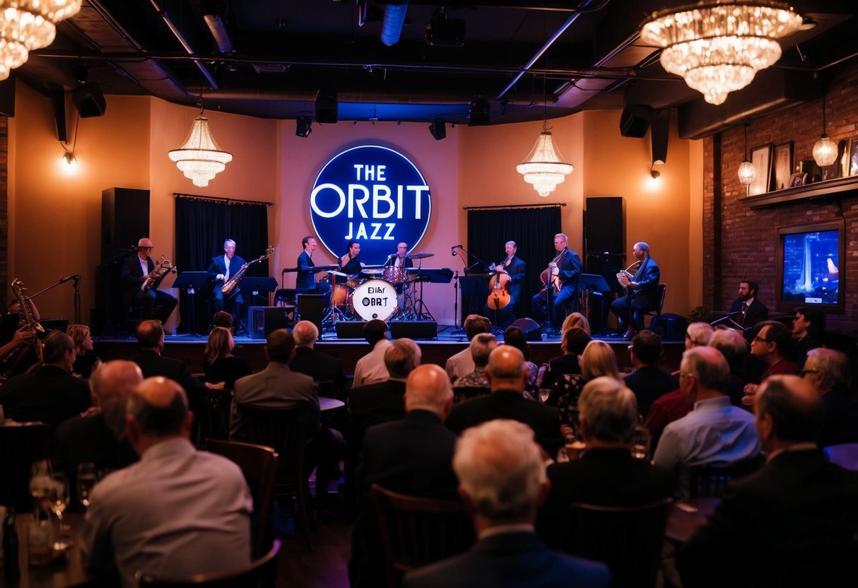 The Orbit Jazz Club: dimly lit stage, musicians playing, audience listening, cozy ambiance