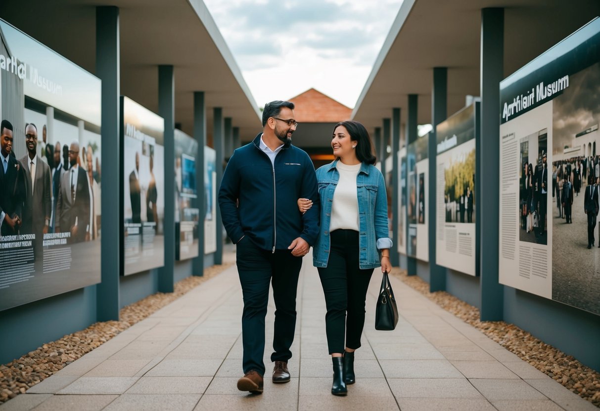 A couple strolling through the outdoor exhibits at the Apartheid Museum, surrounded by powerful imagery and thought-provoking displays