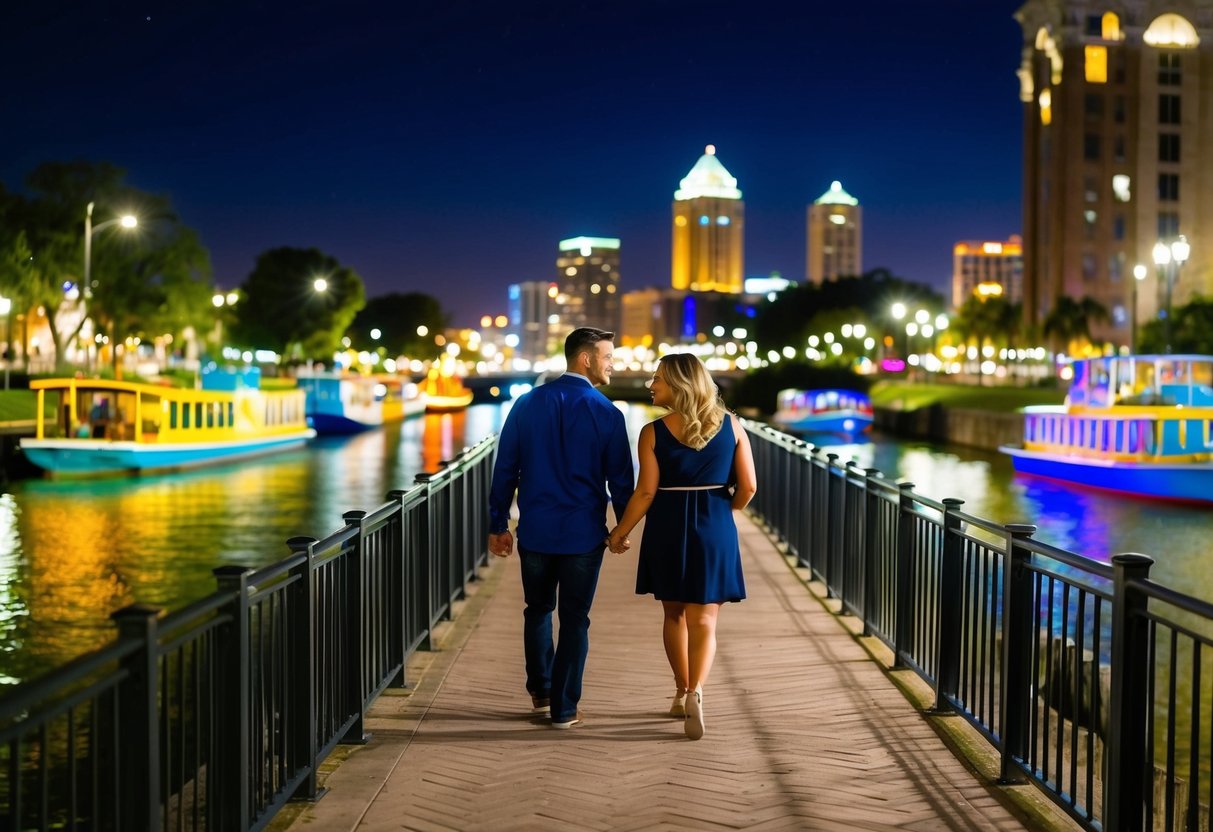 A couple strolling along the illuminated riverwalk in downtown Jacksonville, passing by colorful boats and enjoying the city skyline at night