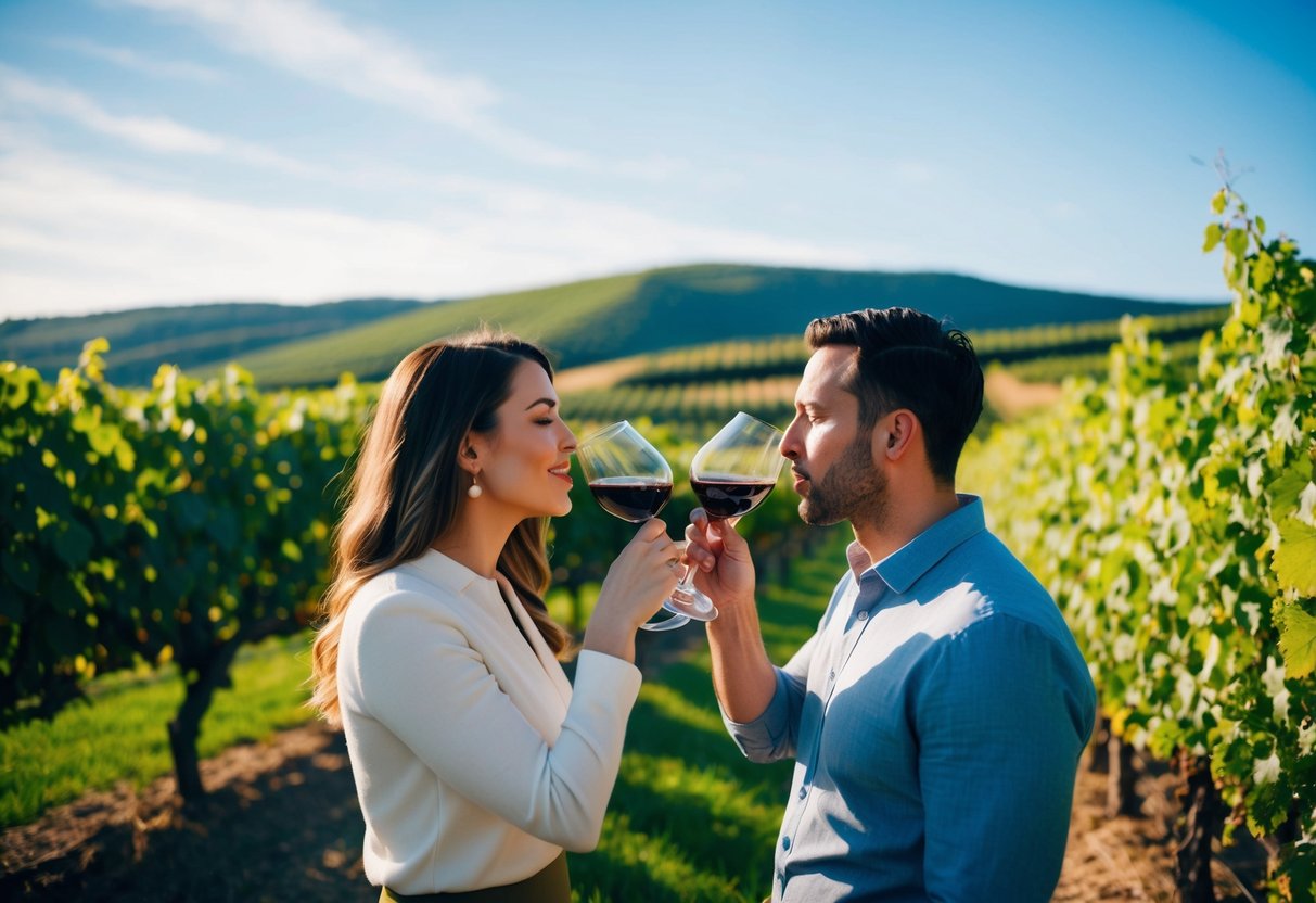 A couple sips wine in a scenic vineyard, surrounded by rolling hills and grapevines under a clear blue sky