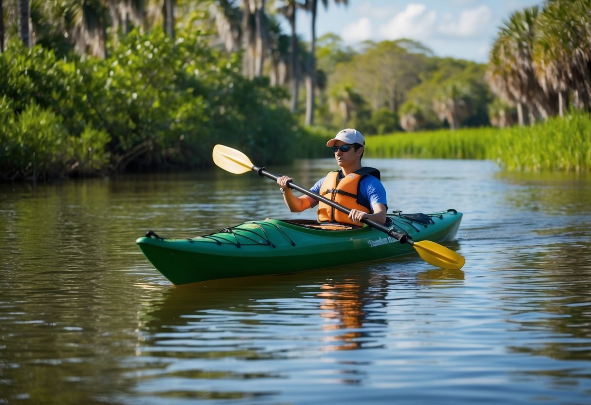 A kayak glides through the calm waters of Timucuan Preserve, surrounded by lush greenery and the peaceful sounds of nature