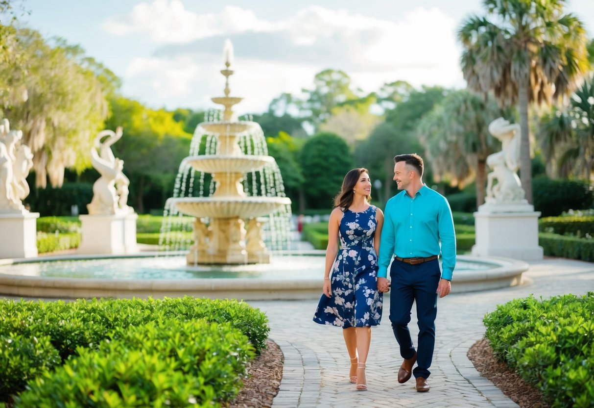 A couple strolling through lush gardens, admiring sculptures and fountains at Cummer Museum of Art in Jacksonville, Florida