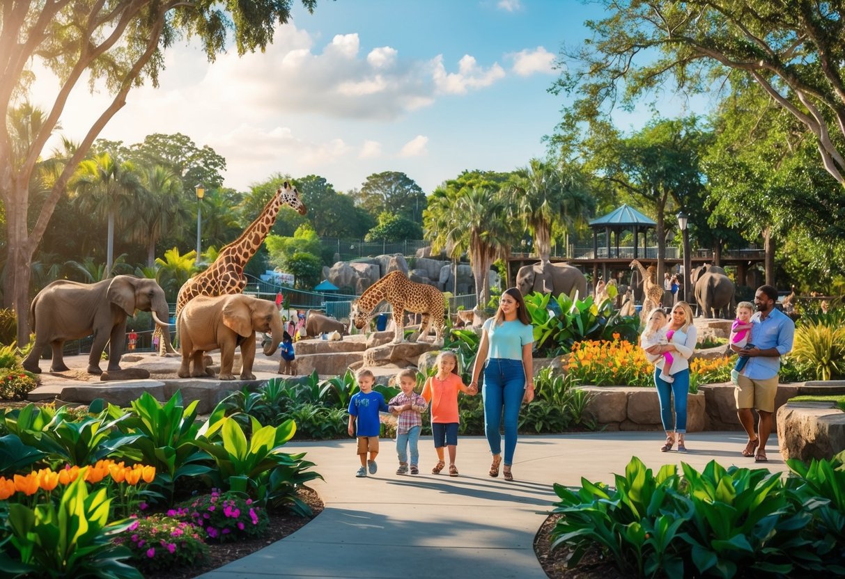 A vibrant scene at Jacksonville Zoo: animals in lush habitats, families enjoying exhibits, and colorful flora throughout the grounds