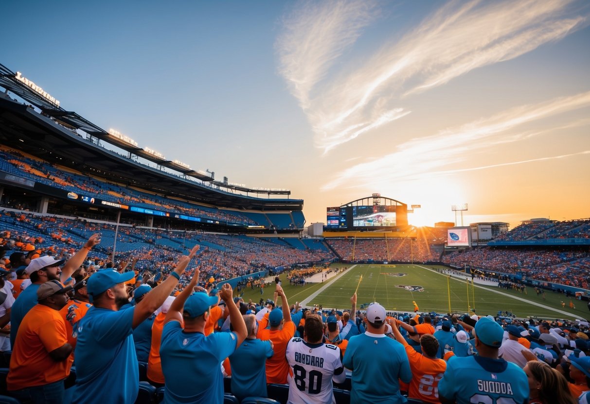 Fans cheer as the Jacksonville Jaguars play at the stadium in Florida. The sun sets behind the stands, casting a warm glow over the field