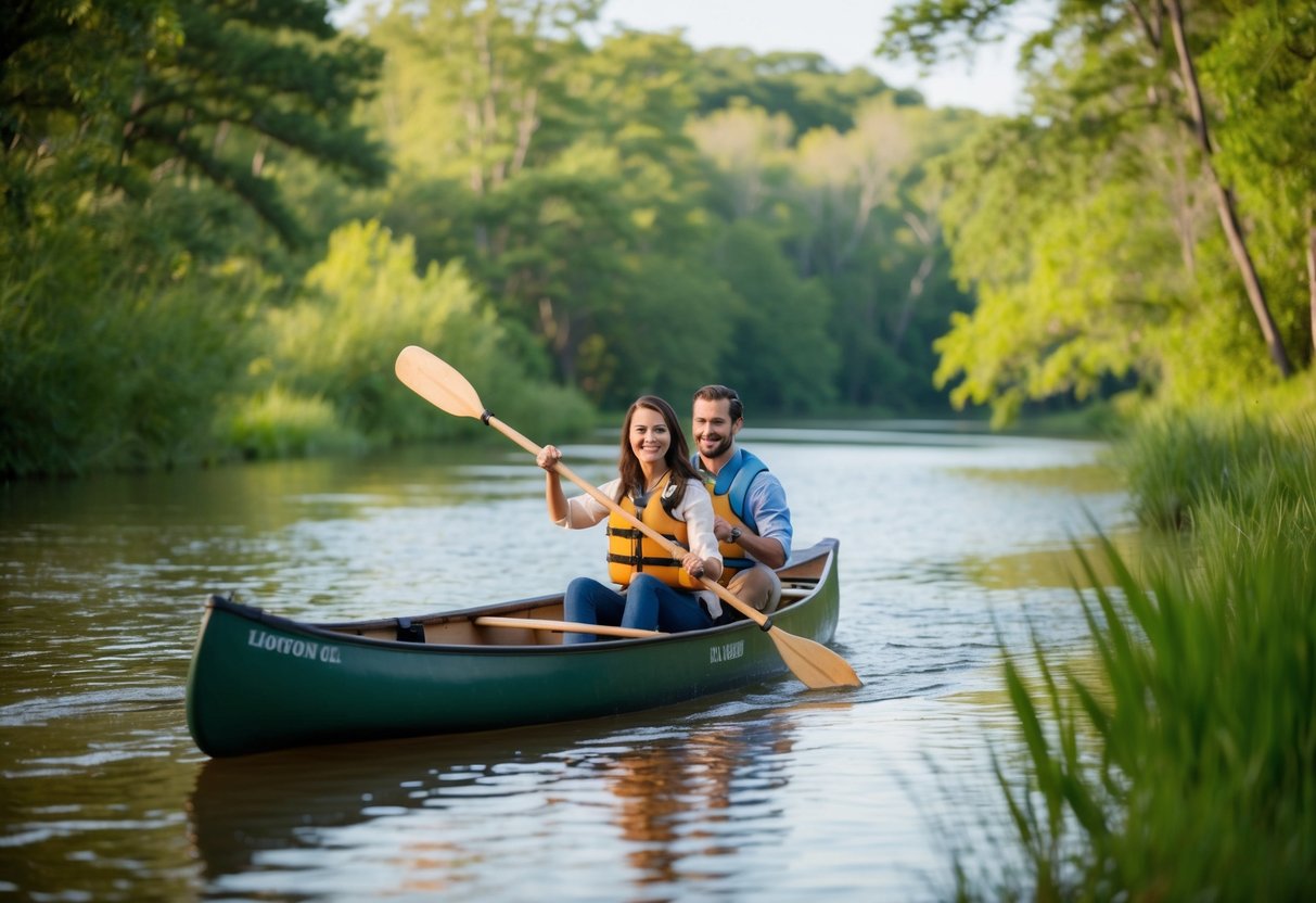 A couple paddles a canoe through the calm waters of Lofton Creek, surrounded by lush greenery and the peaceful sounds of nature