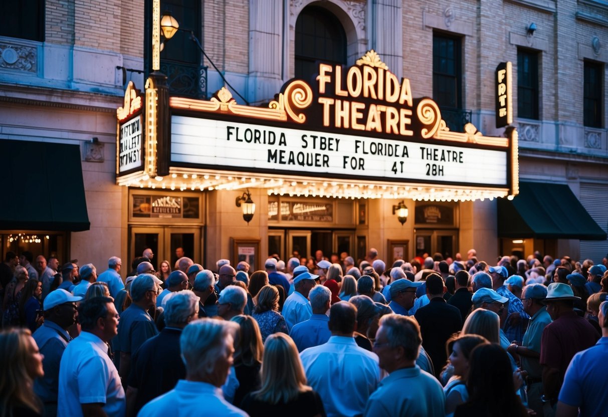 A bustling crowd gathers outside Florida Theatre, illuminated by the marquee's bright lights. The historic building exudes grandeur, drawing in patrons for a night of entertainment