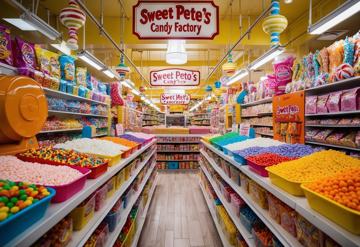 The colorful and bustling interior of Sweet Pete's Candy Factory in Jacksonville, Florida, filled with rows of candy and confections, with a whimsical and inviting atmosphere