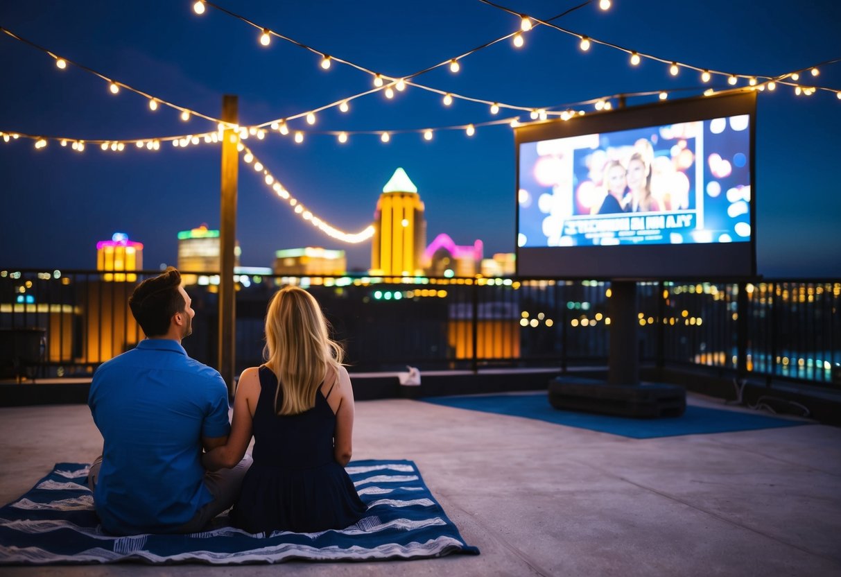 A couple sits on a rooftop under string lights, watching a movie on a large screen. The Jacksonville skyline glows in the background as they enjoy their date night