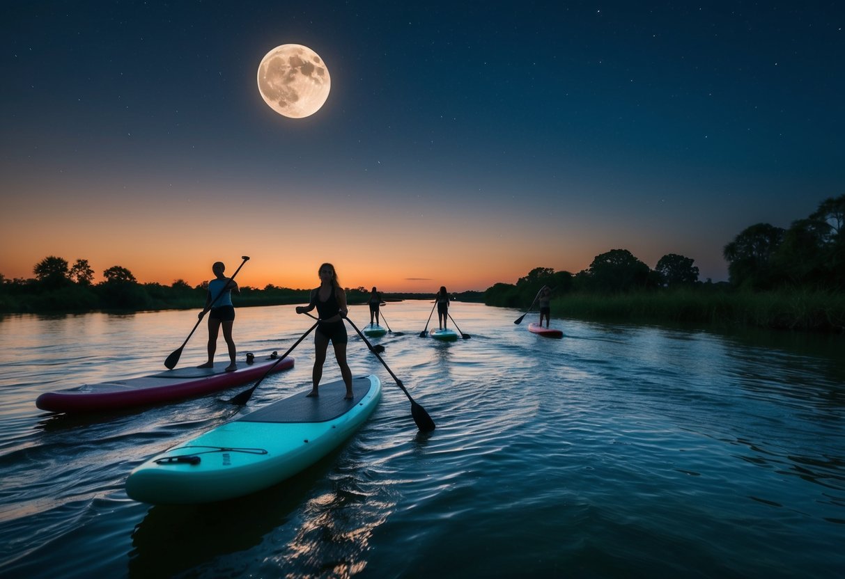 A serene moonlit river with paddleboards gliding under the night sky in Jacksonville, Florida