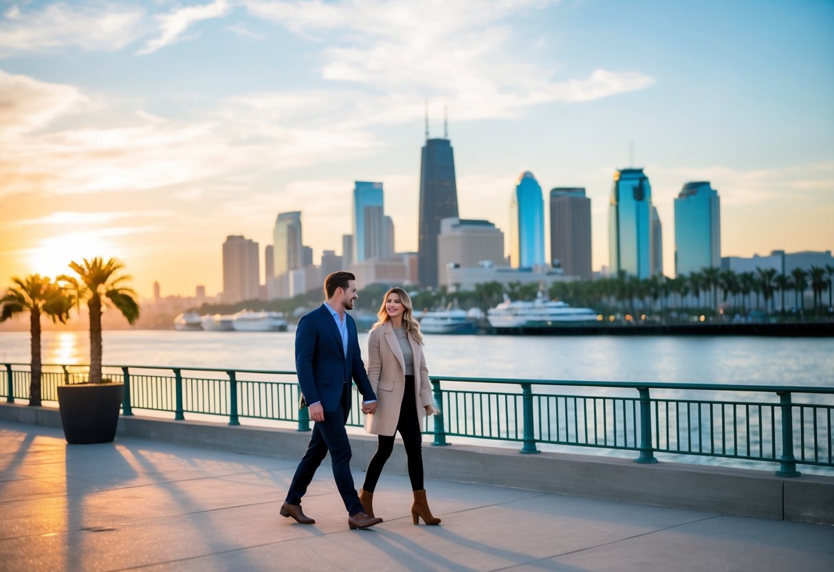 A couple strolling along the scenic riverfront at sunset, with the city skyline and palm trees in the background